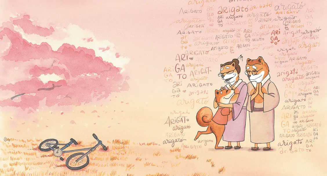 Illustration of Bruna, her grandparents, and 100 arigato.