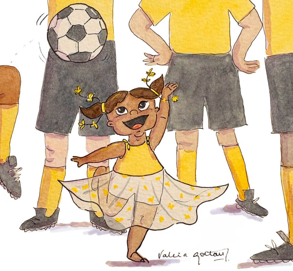 An illustration of a girl determined to catch the ball