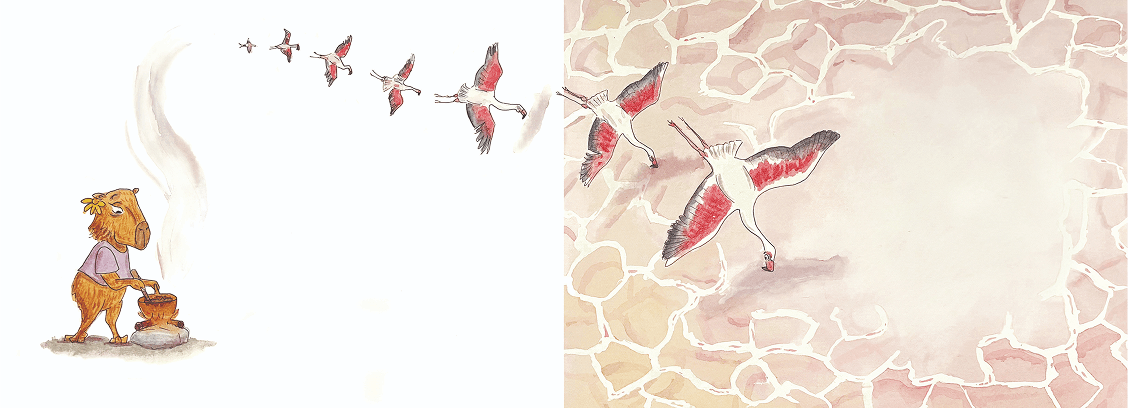 Sunset palette, flamingos & space for text
