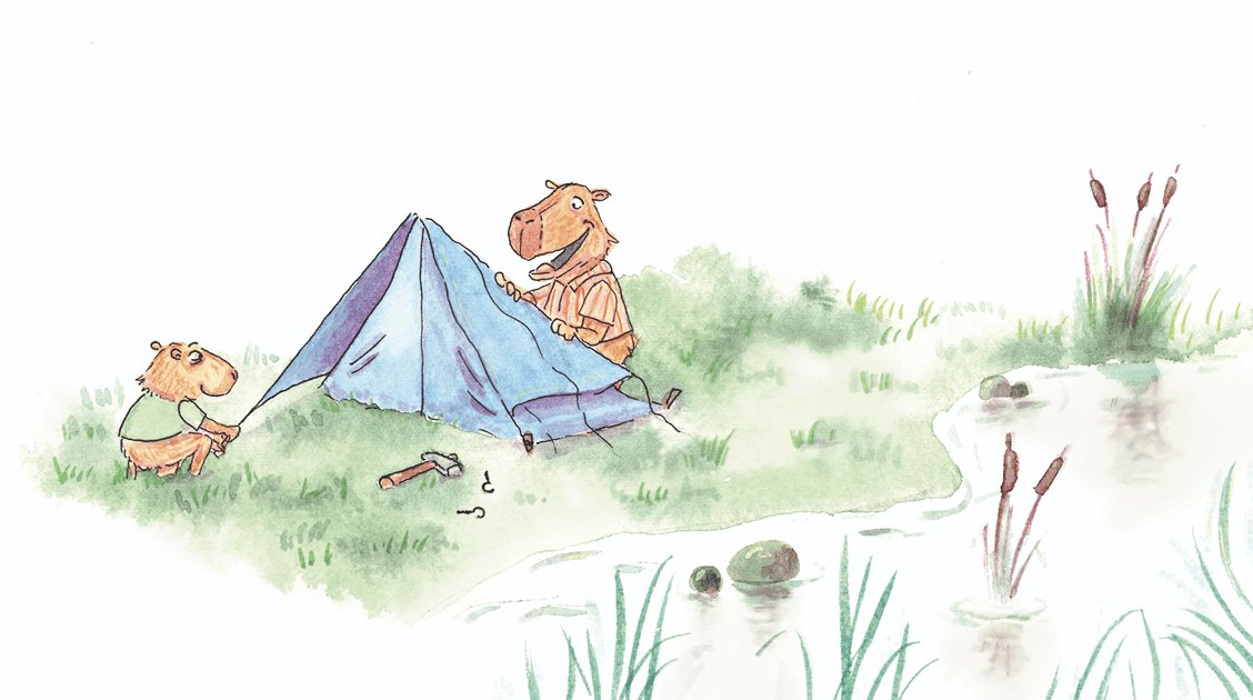 Nilo and Matu building the tent together