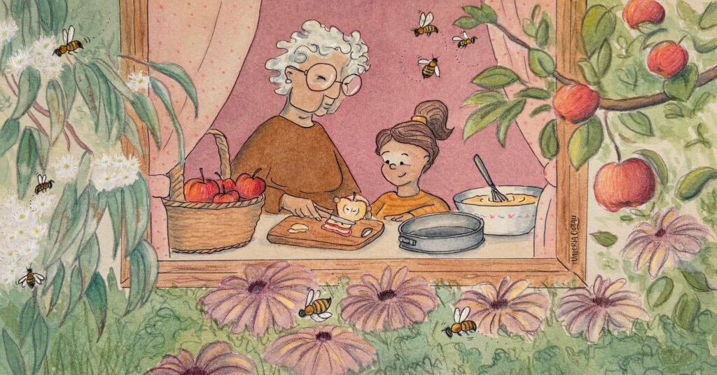 An illustration of a grandma and her daughter baking in the afternoon
